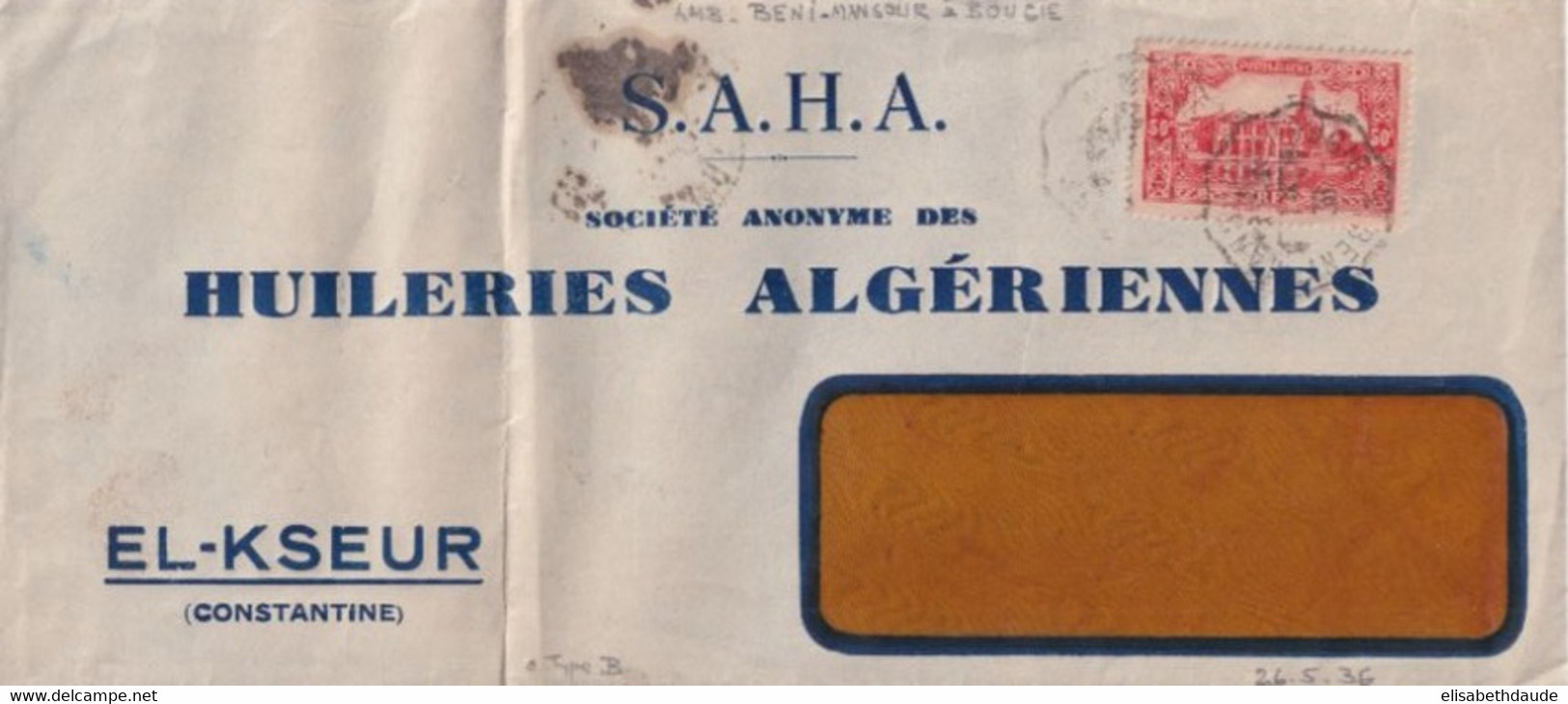 ALGERIE - 1936 - CONVOYEUR BENI-MANSOUR à BOUGIE - ENVELOPPE De EL KSEUR - Brieven En Documenten