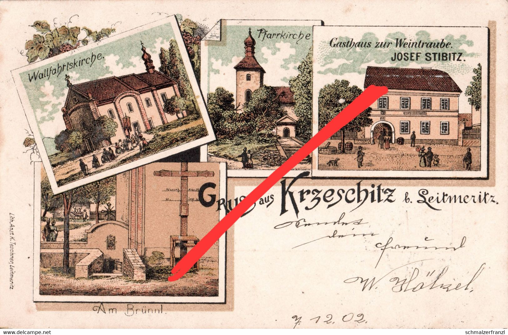 Litho AK Krzeschitz Kreschitz Kresice Gasthaus Zur Weintraube Trebautitz Zahorschan Groß Nutschitz Leitmeritz Litomerice - Sudeten