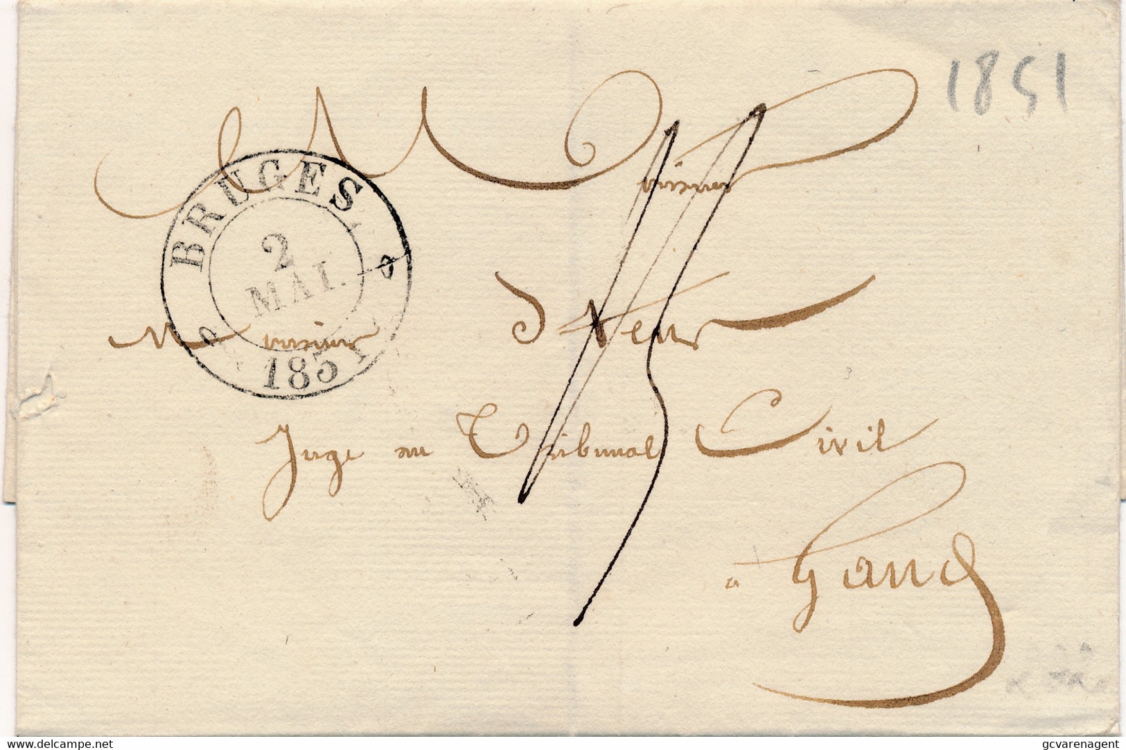 COVER 1851  BRUGES  NAAR  GENT     2 SCANS - 1830-1849 (Belgica Independiente)