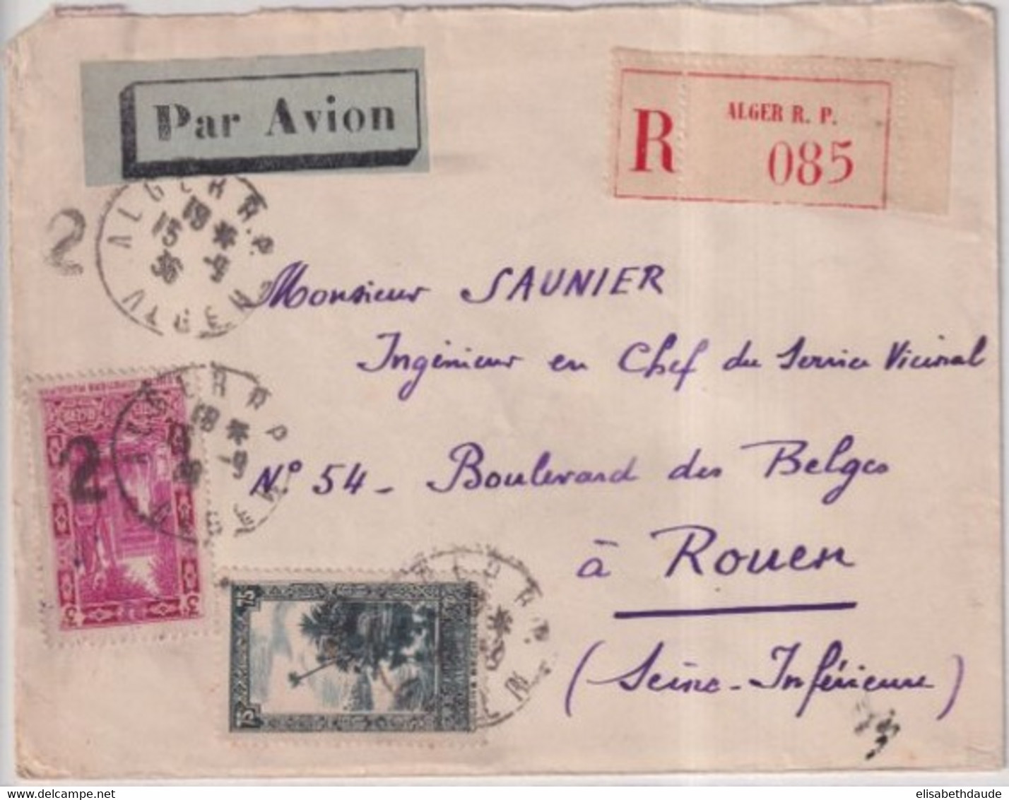 ALGERIE - 1936 - CACHET "GUICHET De RECOMMANDE" N°2 De ALGER - ENVELOPPE => ROUEN - Storia Postale