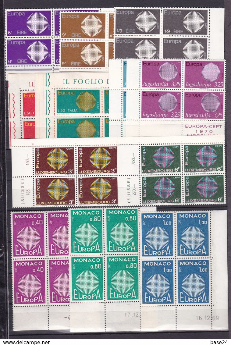 1970 EUROPA CEPT EUROPE ANNATA YEAR 4 Annate 52 Valori Quartina Angolare MNH** Maglia 24 Fili, Mesh 24 Threads Block 4 - Années Complètes