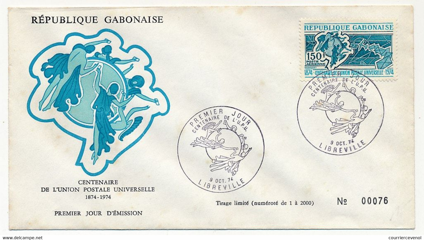 GABON => Env FDC => 150F Centenaire De L'U.P.U. - 9 Octobre 1974 - Libreville - Gabun (1960-...)