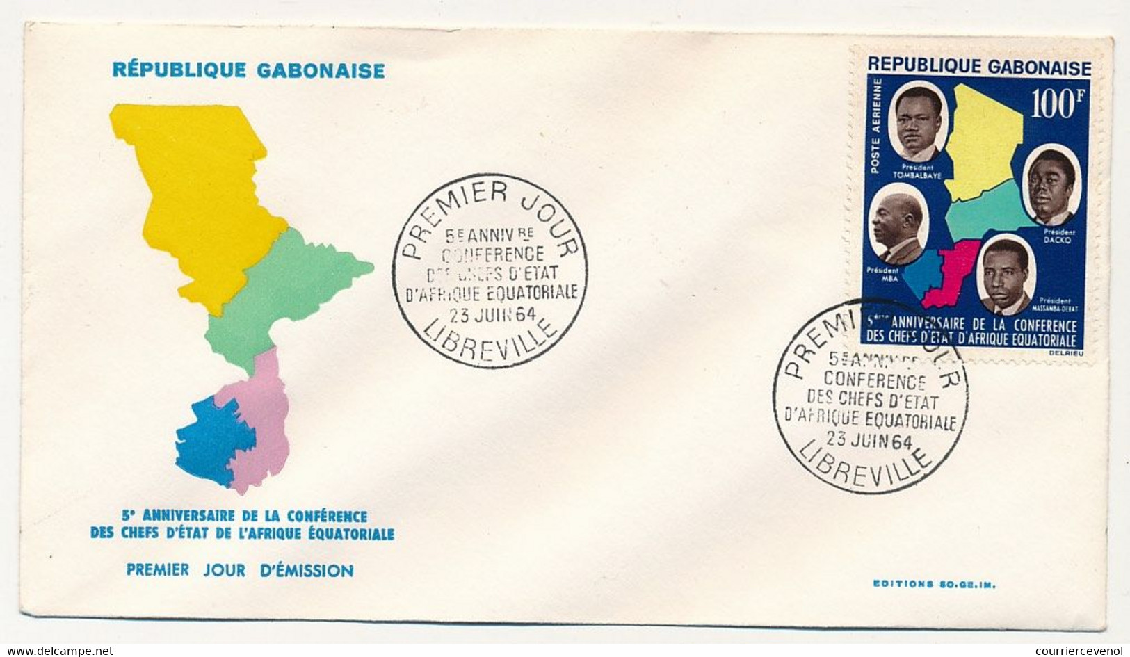 GABON => Env FDC => 100F 5eme Anniversaire - Conférence Des Chefs D'Etat ... 23 Juin 1964 - Libreville - Gabon (1960-...)