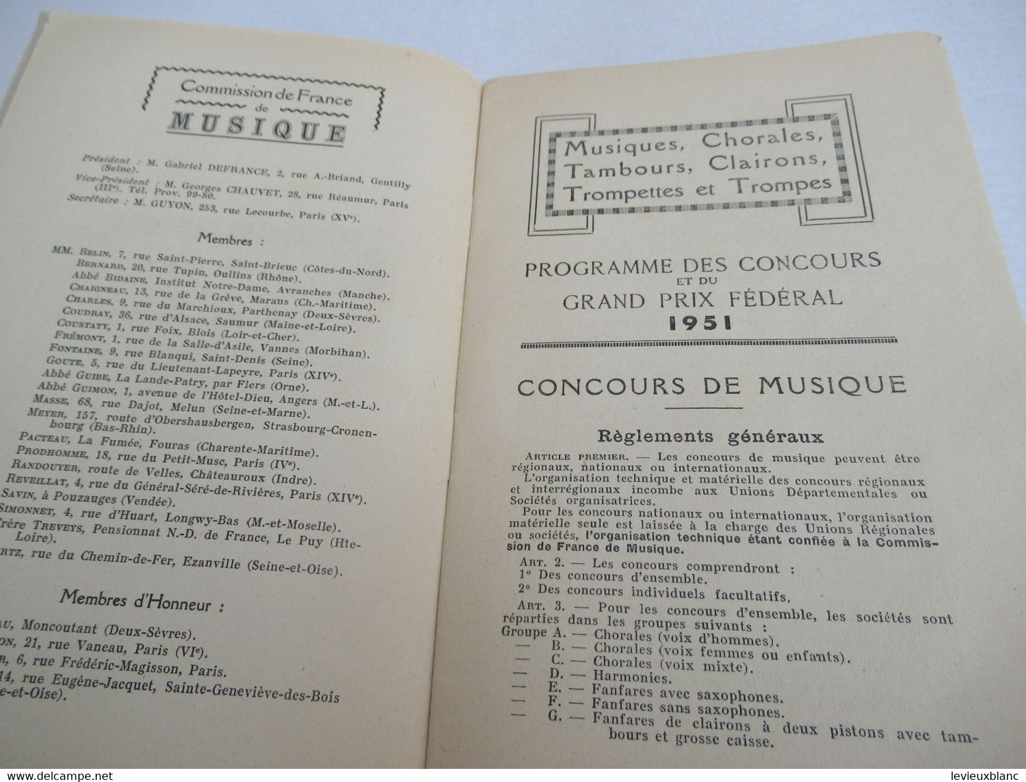 Fédération Sportive De France/Concours De Musique & Grand Prix Fédéral /Réglement Des Concours/1951        PROG313 - Programma's