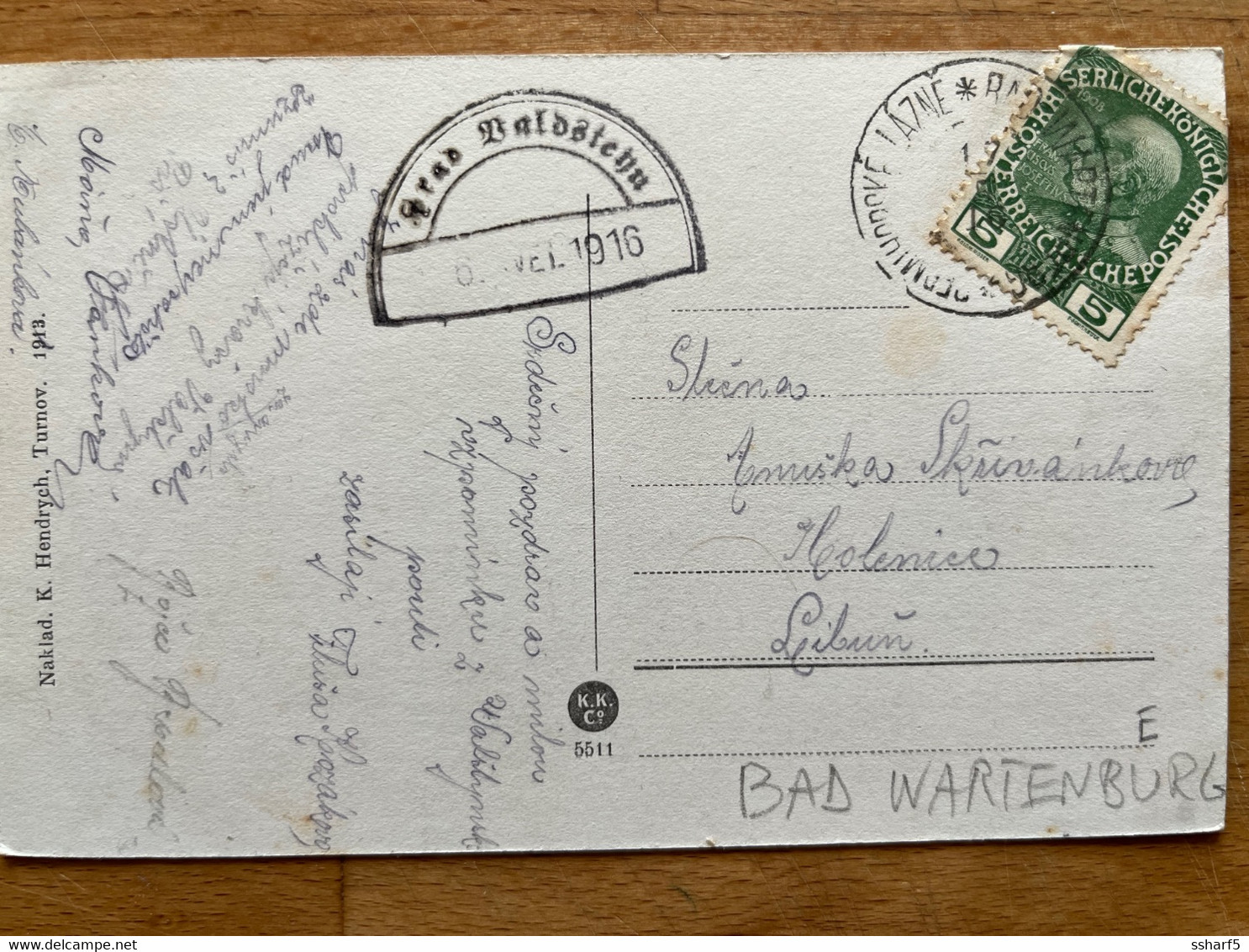 1916 Unusual Postmarks Hrad Valdštejn Half Circle + LAZNE Bad Wartenbergon Postcard Sent To Libau - ...-1918 Prefilatelia