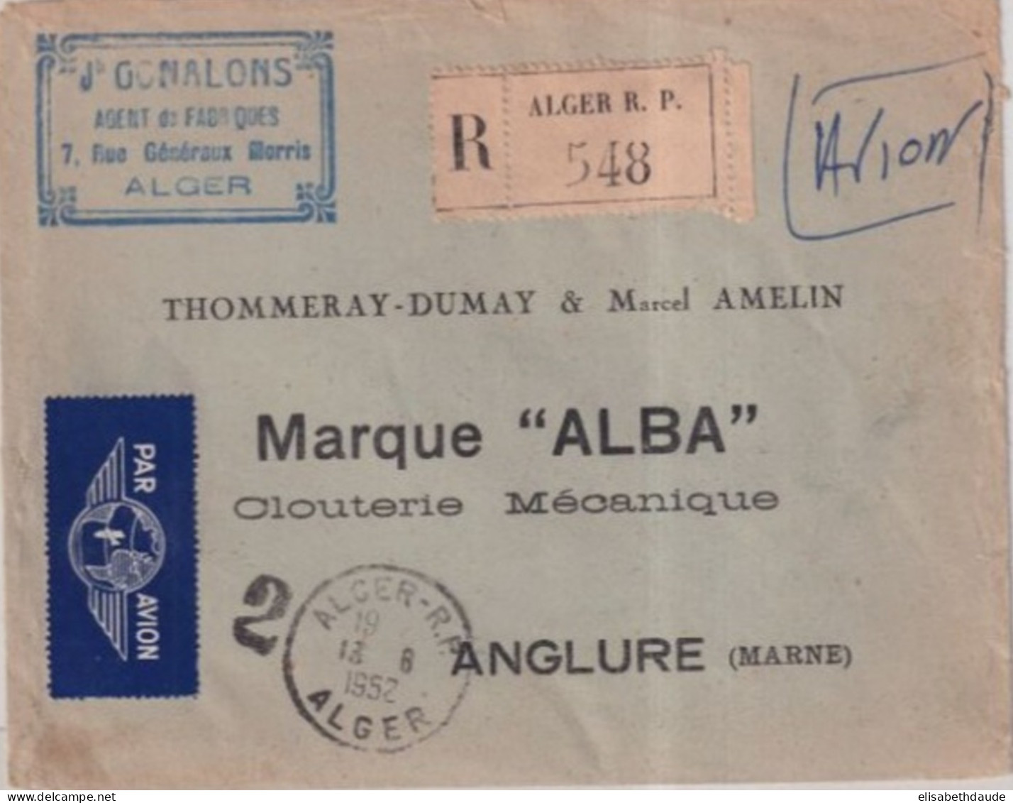 ALGERIE - 1952 - CACHET "GUICHET De RECOMMANDE" N°2 De ALGER - ENVELOPPE AVION => ANGLURE (MARNE) - Covers & Documents