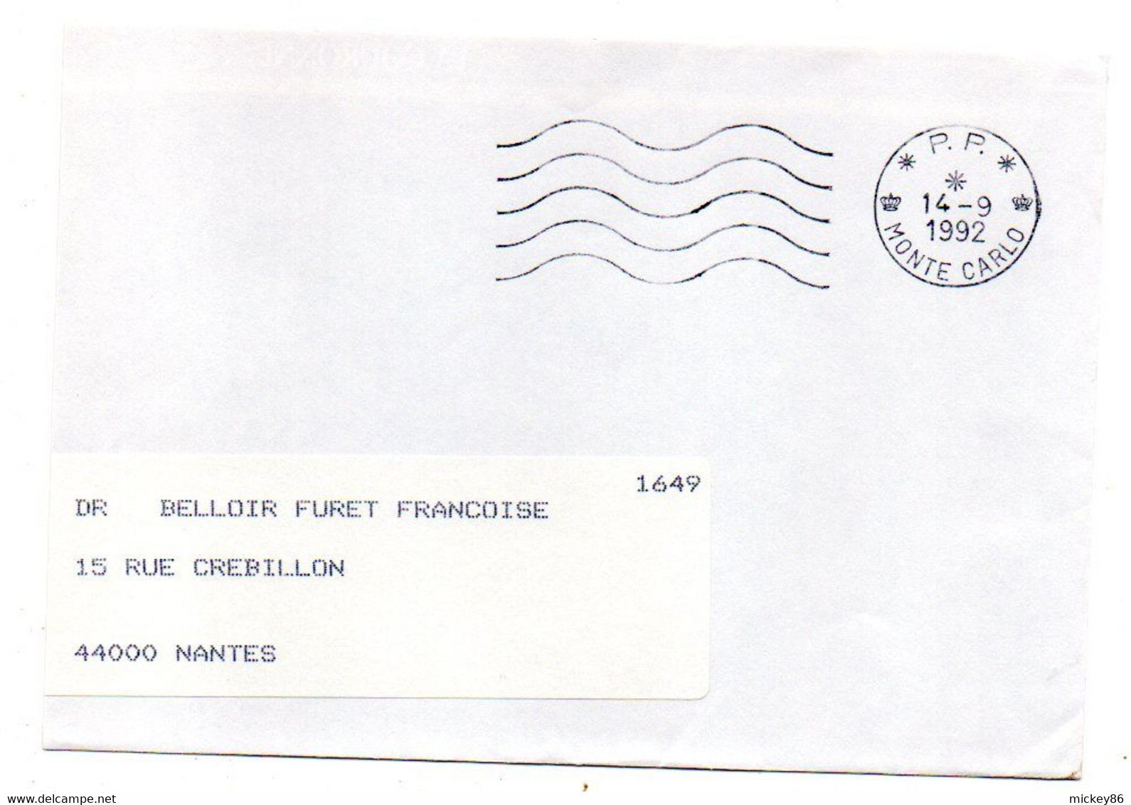 MONACO--1992--Partie Droite De Lettre De MONTE CARLO  Pour  NANTES-44 ( France)-cachet Mécanique SECAP -- PP Monte Carlo - Brieven En Documenten