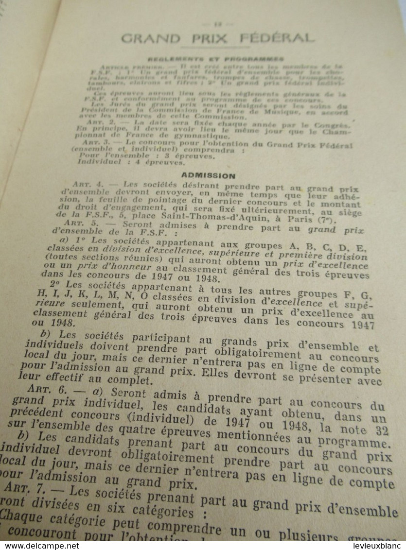 Fédération Sportive De France/Concours De Musique & Grand Prix Fédéral /Réglement Des Concours/1949      PROG314 - Programma's