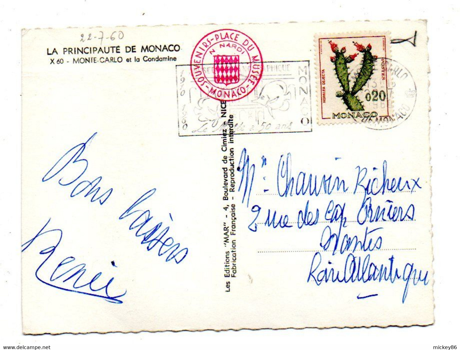 MONACO--1960--cachet  Flamme " 50 Ans Du Musée Océanographique" ..timbre ..sur Cpsm Monaco  (carte Coupée Sur La Droite) - Poststempel