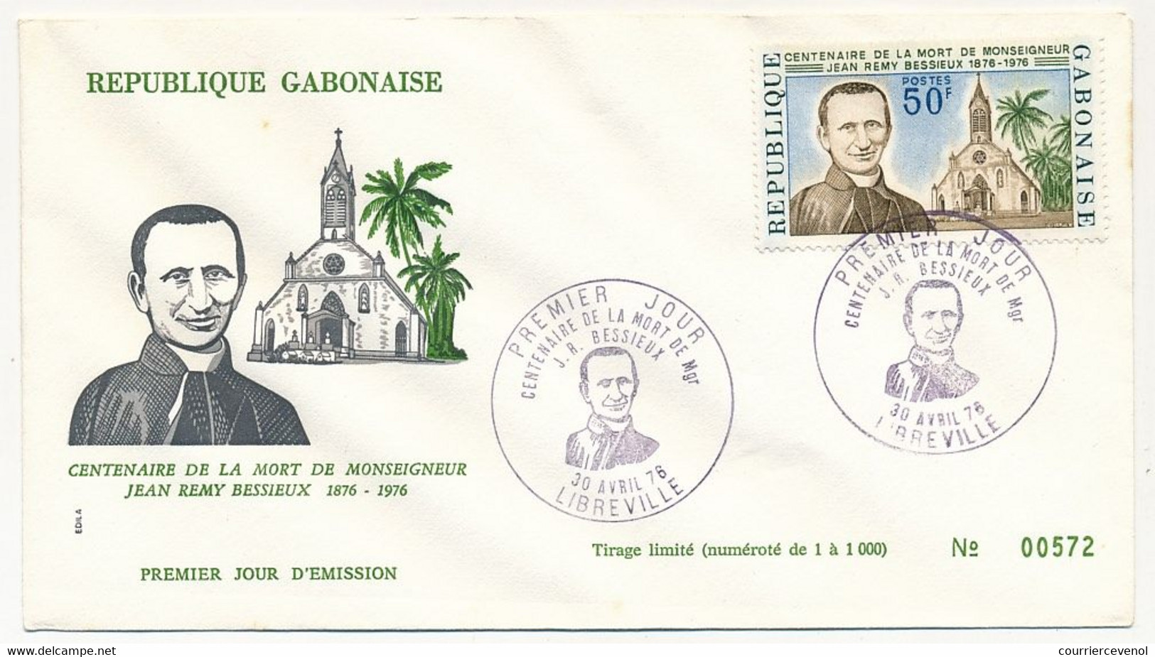 GABON => Env FDC => 50F Centenaire De La Mort De J.R. Bessieux - 30 Avril 1978 - Libreville - Gabon (1960-...)