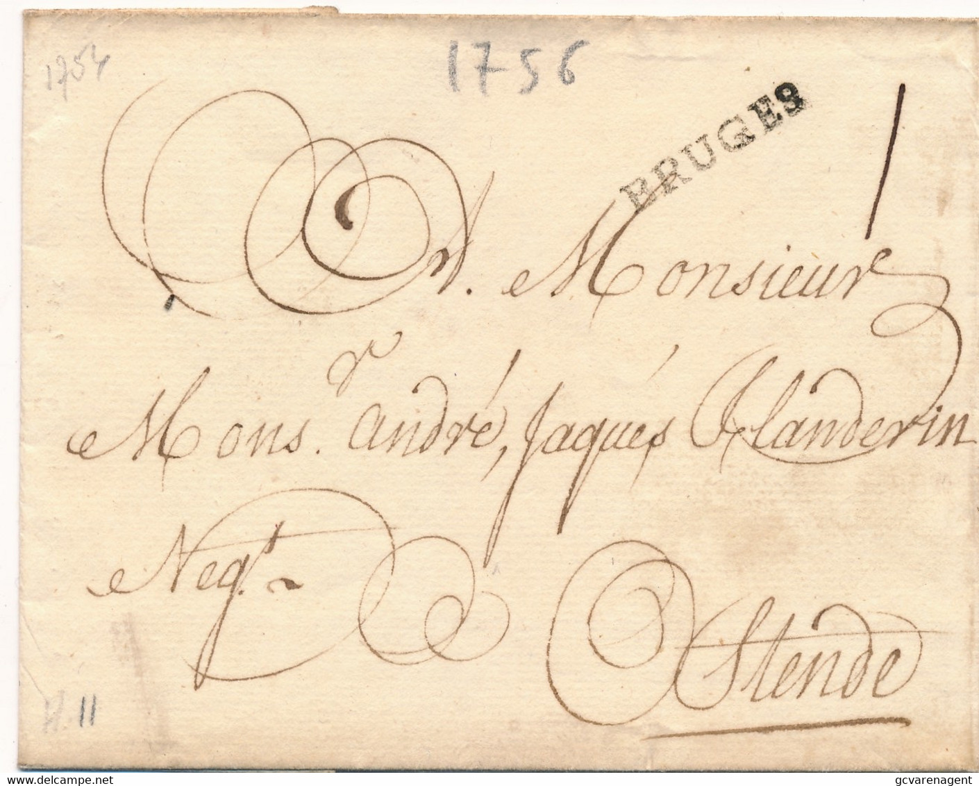 COVER 1756   BRUGES NAAR  OSTENDE        2 SCANS - 1714-1794 (Oesterreichische Niederlande)