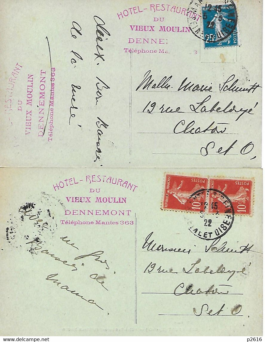 2 CARTES -  DENNEMONT - 1922 - PRES DE LIMAY ET MANTES - HOTEL RESTAURANT DU VIEUX MOULIN -  VOIR LE VERSO - Limay