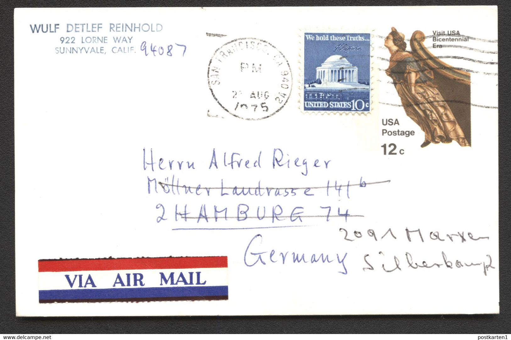 UX67 UPSS S84 Postal Card California Used To GERMANY Airmail 1975 Cat. $50.00+ - 1961-80