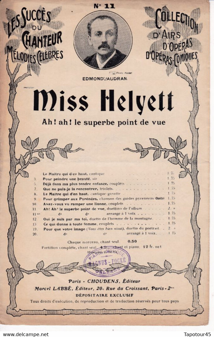 Miss Helyett 	N=11   Avec La Participation De :	Air D'Opéra Comiques  >	13/6/22	Partition Musicale - Opera