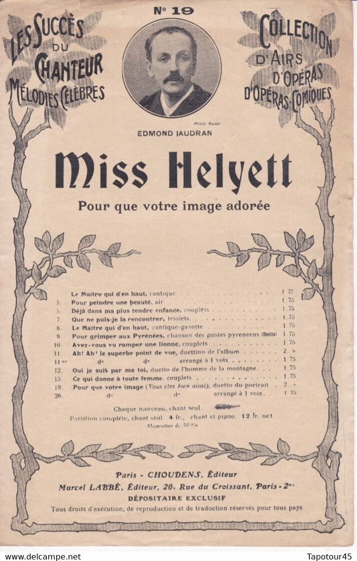 Miss Helyett 	N=19   Avec La Participation De :	Air D'Opéra Comiques   > 13/6/22	Partition Musicale - Opern