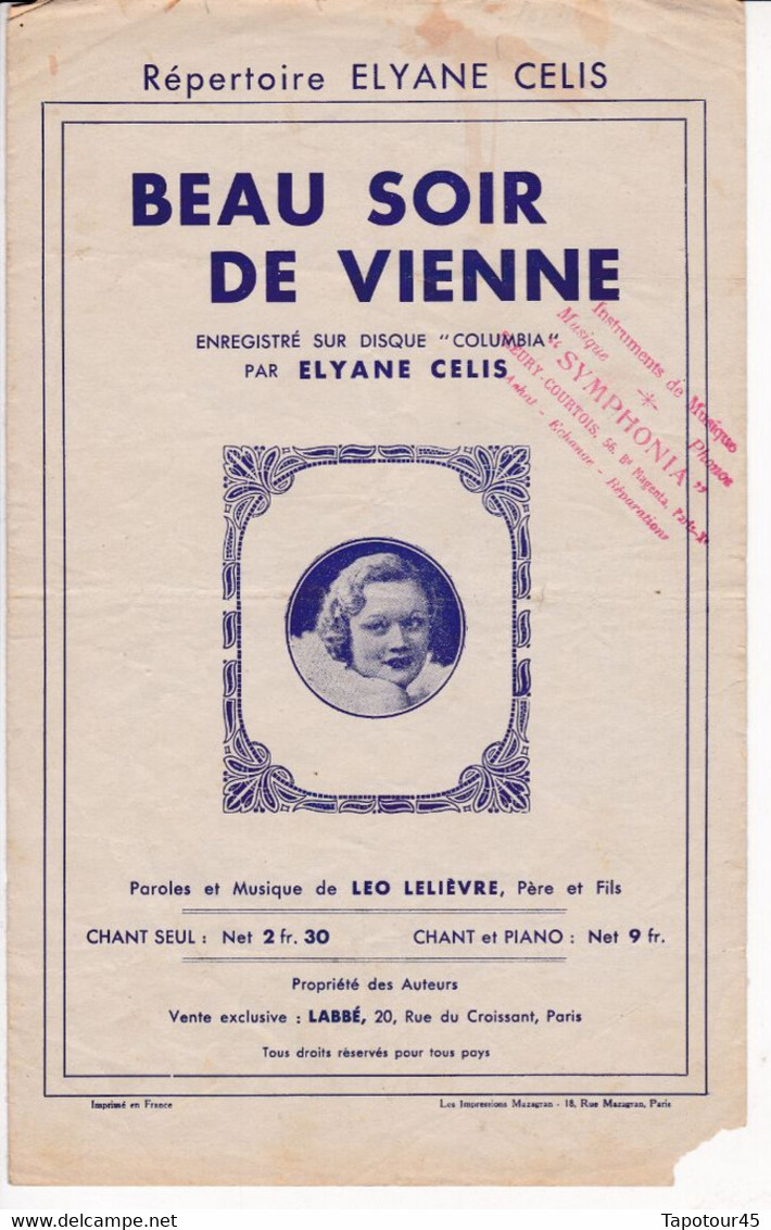 Beau Soir De Vienne 	Avec La Participation De :	Elyane Celis 13/6/22	Partition Musicale  > - Gesang (solo)