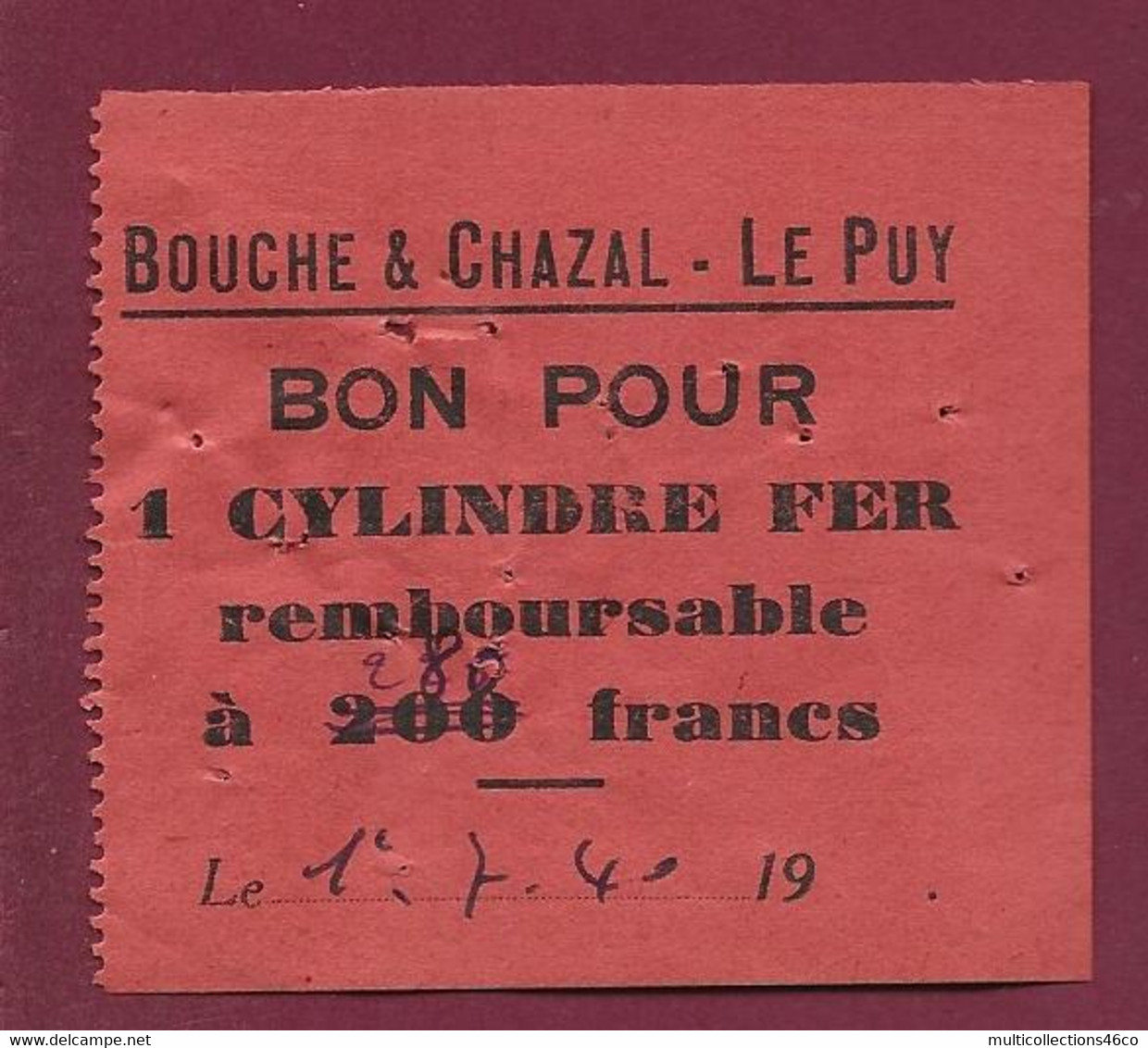 130622A - BON NECESSITE - Bouche & Chazal LE PUY Cylindre Fer Remboursable 280 Francs 1940 - Bons & Nécessité