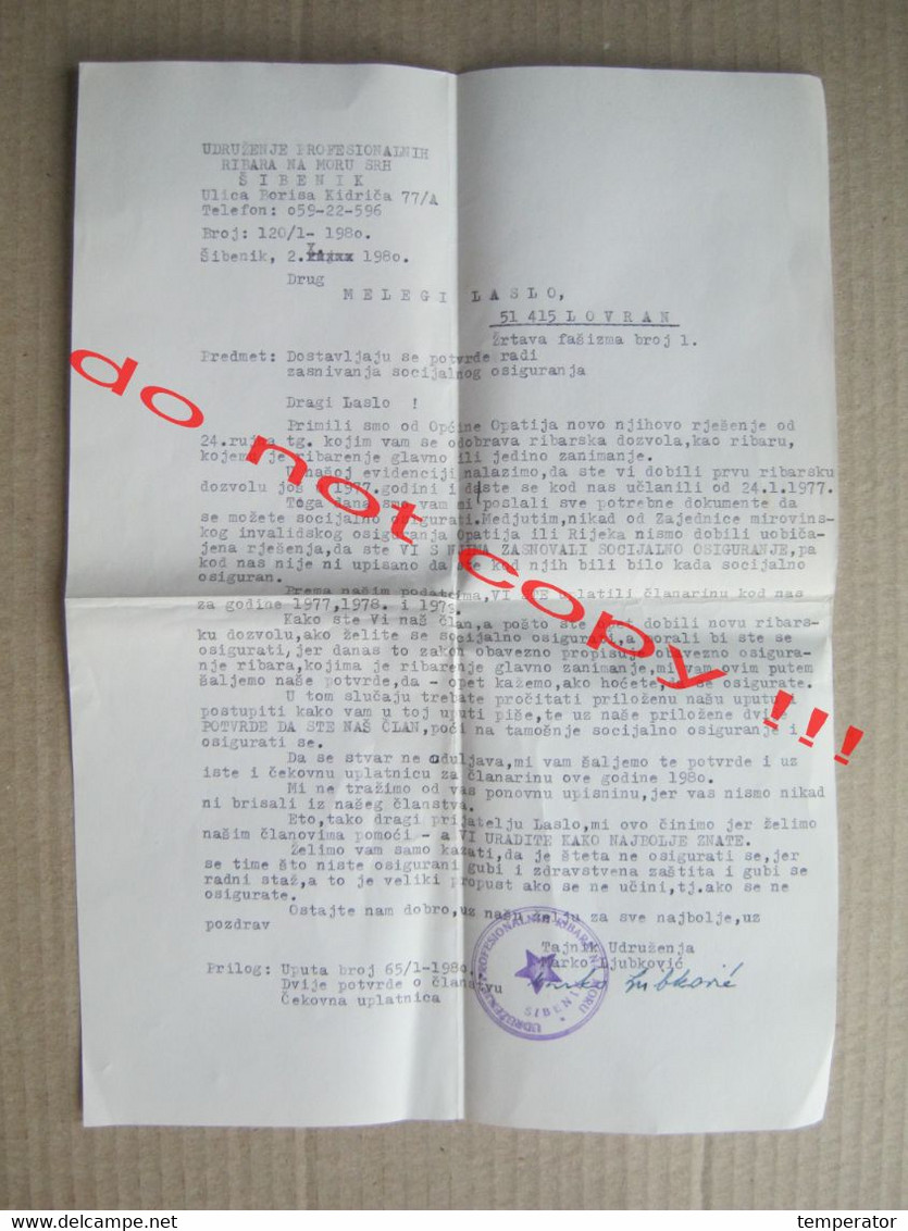 Croatia / Šibenik - Association Of Professional Fishermen At Sea SRH ( 1980 ) / Certificate Of Fisherman From Opatija .. - Fischerei