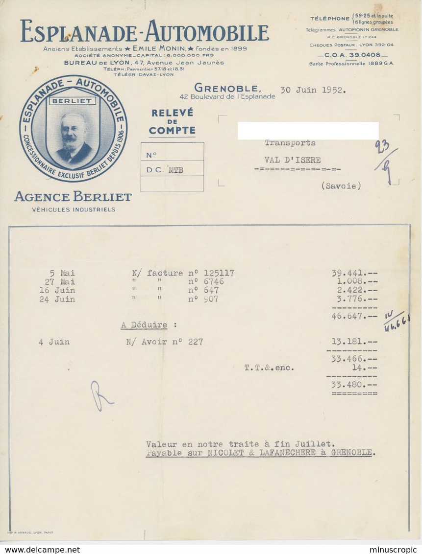 Un Lot De 7 Documents - Esplanade Automobile - Grenoble - Agence Berliet - 1952 - Verkehr & Transport