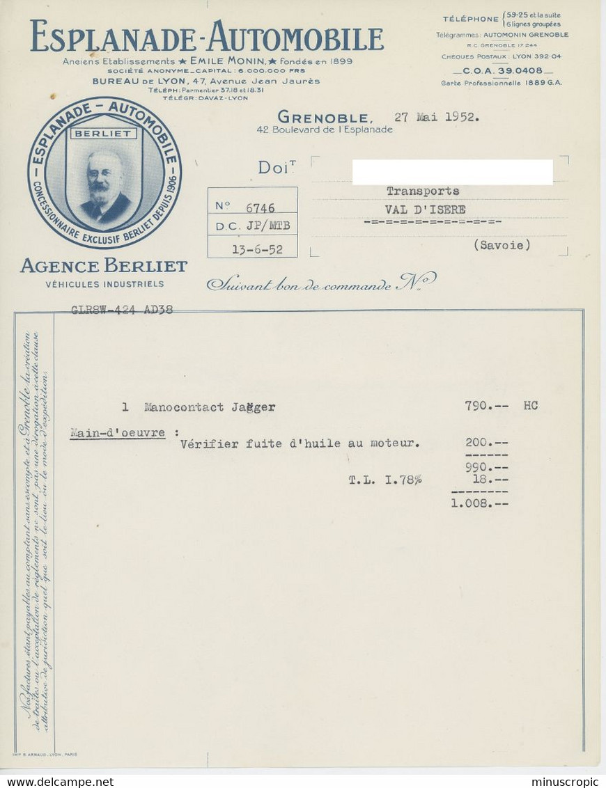 Un Lot De 7 Documents - Esplanade Automobile - Grenoble - Agence Berliet - 1952 - Verkehr & Transport