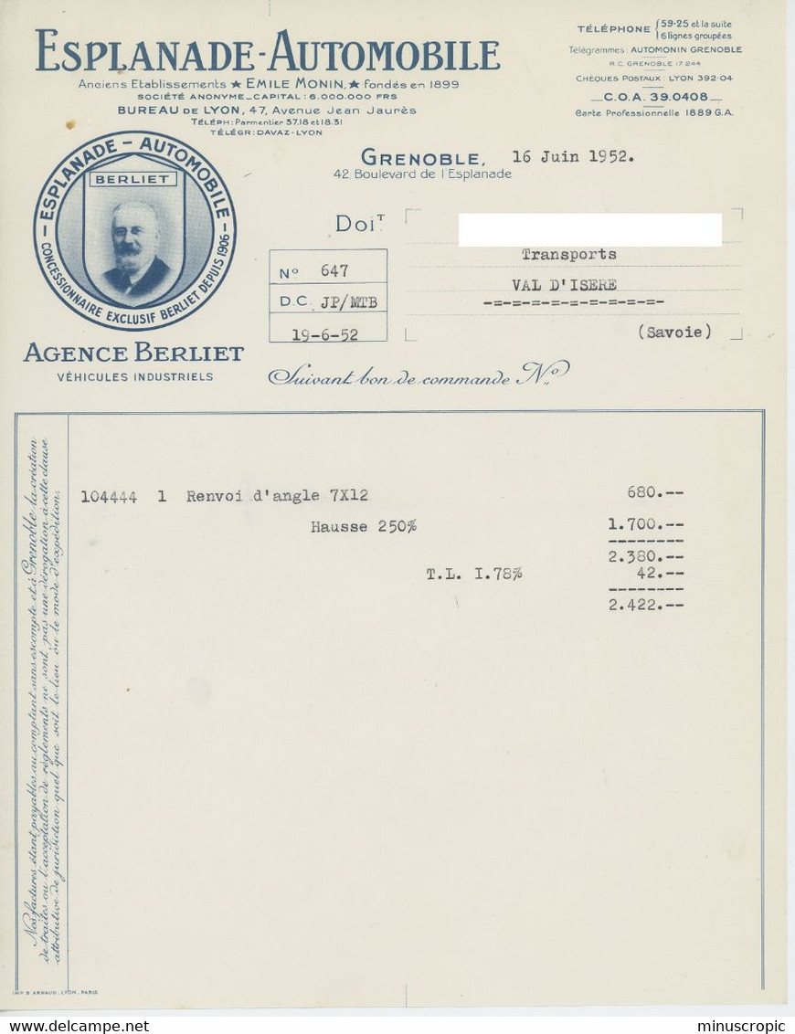 Un Lot De 7 Documents - Esplanade Automobile - Grenoble - Agence Berliet - 1952 - Transports