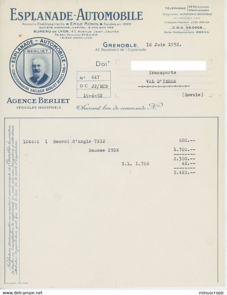 Un Lot De 7 Documents - Esplanade Automobile - Grenoble - Agence Berliet - 1952 - Transport