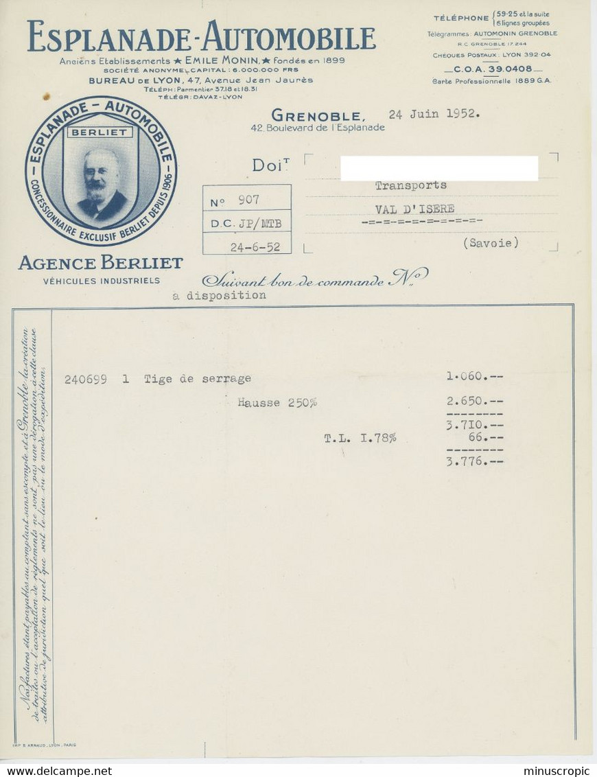 Un Lot De 7 Documents - Esplanade Automobile - Grenoble - Agence Berliet - 1952 - Transports