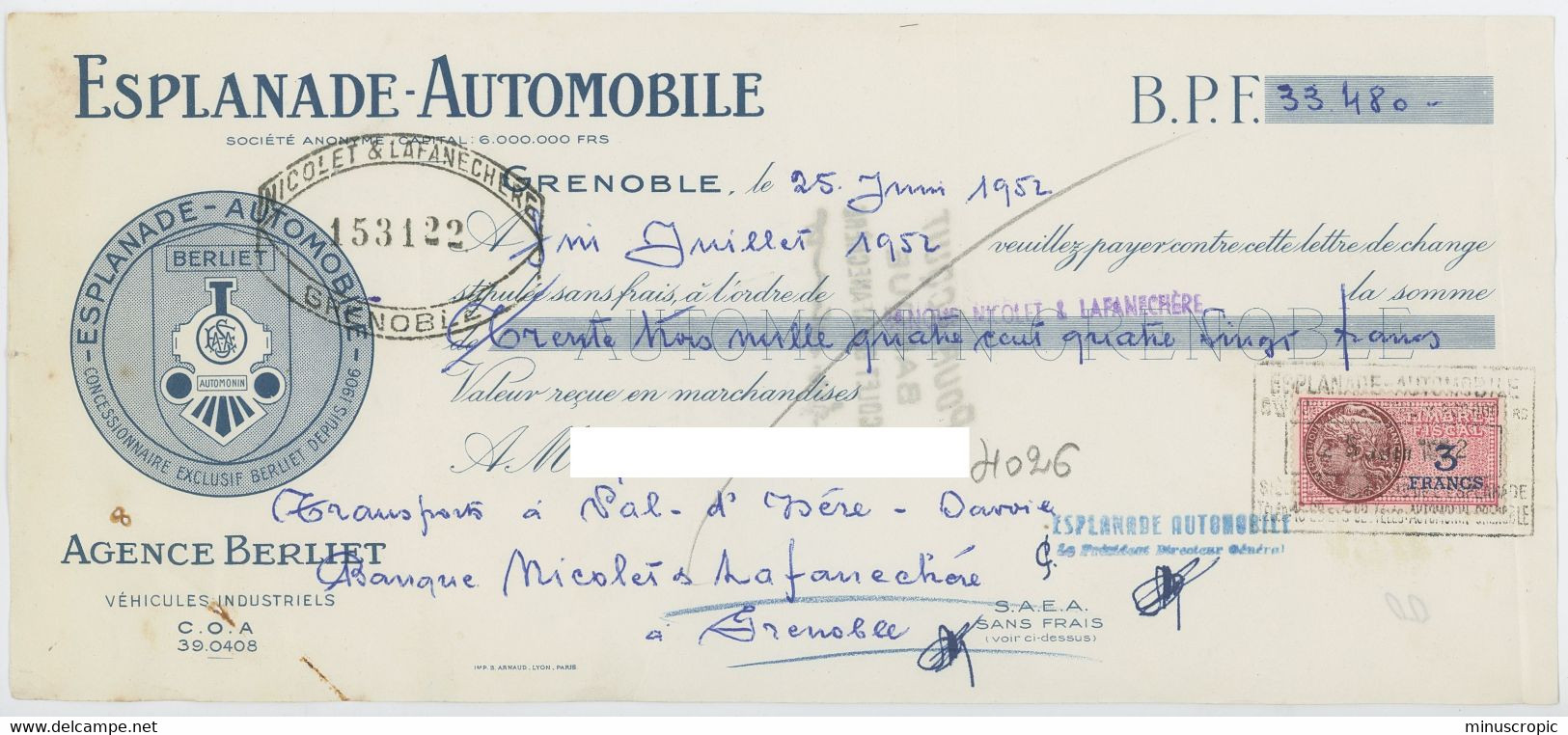 Un lot de 7 documents - Esplanade Automobile - Grenoble - Agence Berliet - 1952