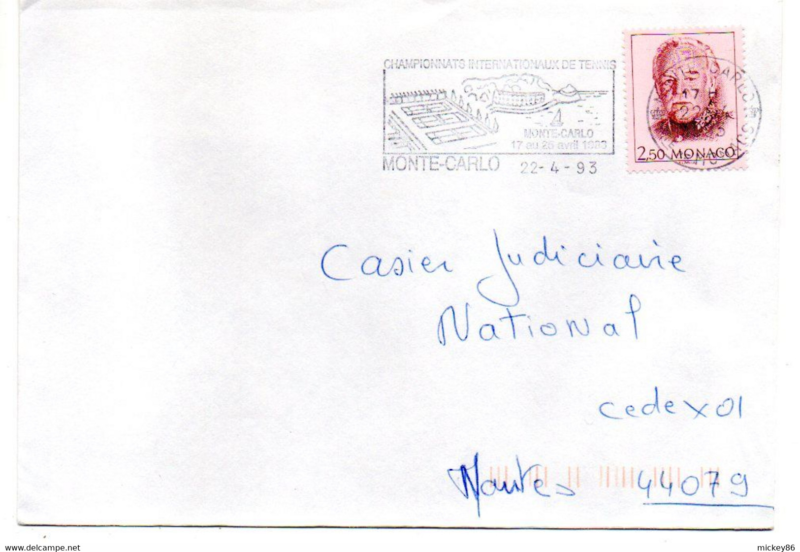 MONACO-1993--Lettre De Monte-Carlo Pour Nantes-44 (France)..timbre..cachet  Championnat International TENNIS ...à Saisir - Brieven En Documenten