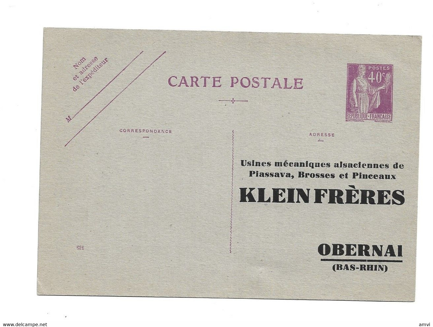 22- 5 - 1398 Entier Carte Postale Paix 40 Cts. Neuve . Repiquage Klein Frères Obernai ( Bas Rhin ) Rare - Overprinter Postcards (before 1995)