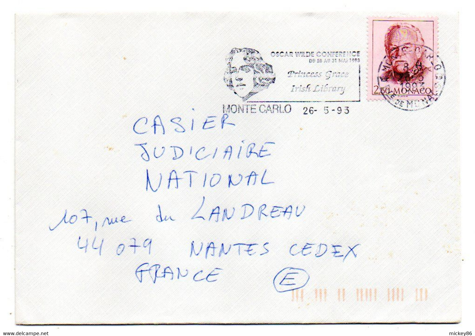 MONACO--1993-Lettre De Monte-Carlo Pour NANTES-44 (France)..timbre..cachet  Conférence OSCAR WILDE-Irish Library - Covers & Documents