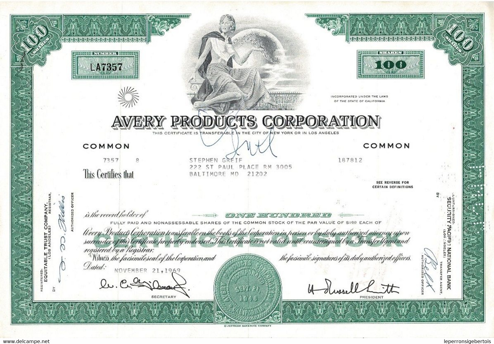 - Certificat De Valeurs Américaines - Avery Products Corporation - Titre De 1969 - - Industrie