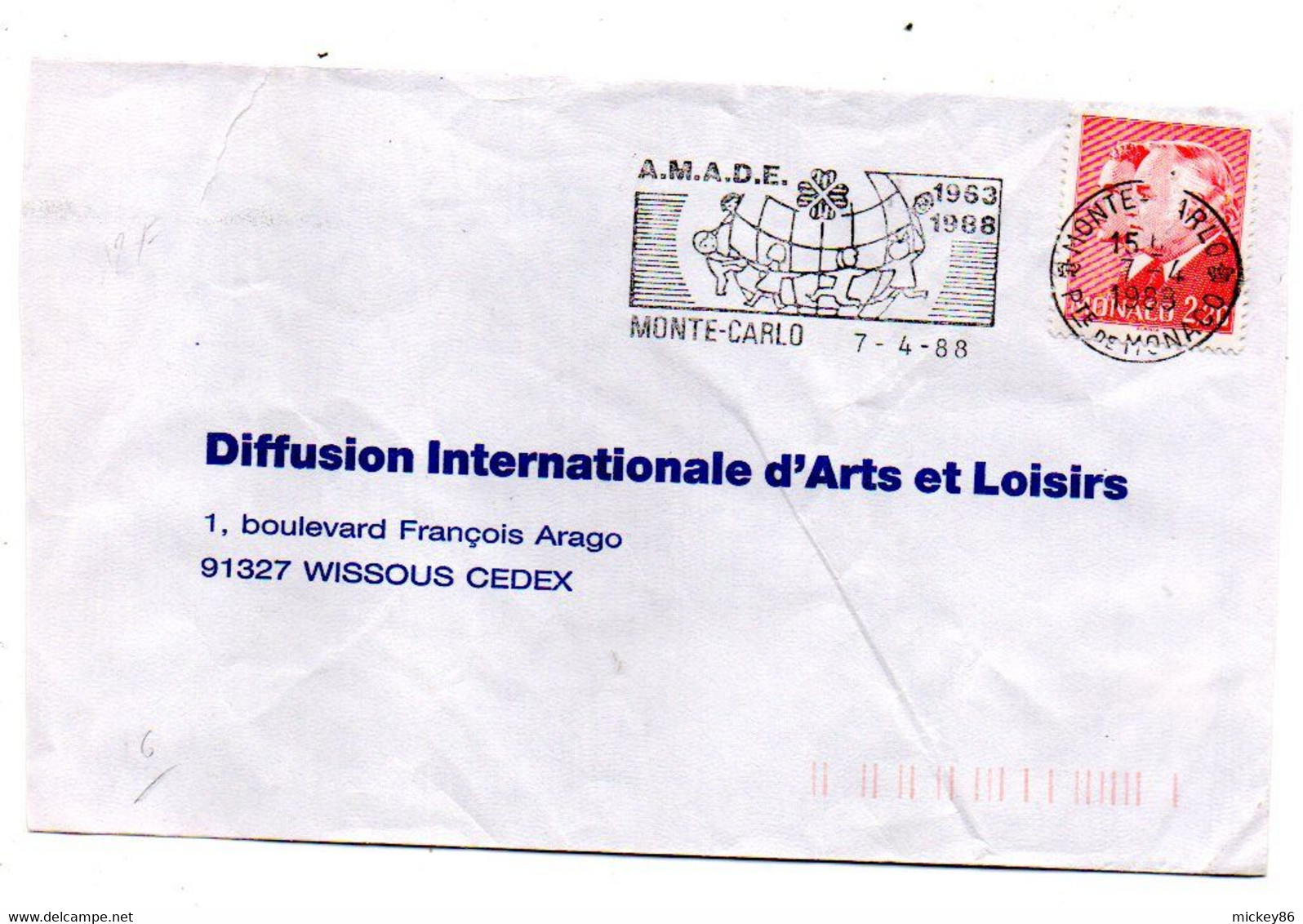 MONACO--1988--Lettre De Monte-Carlo Pour WISSOUS-91 (France)..timbre..cachet  A.M.A.D.E - Brieven En Documenten