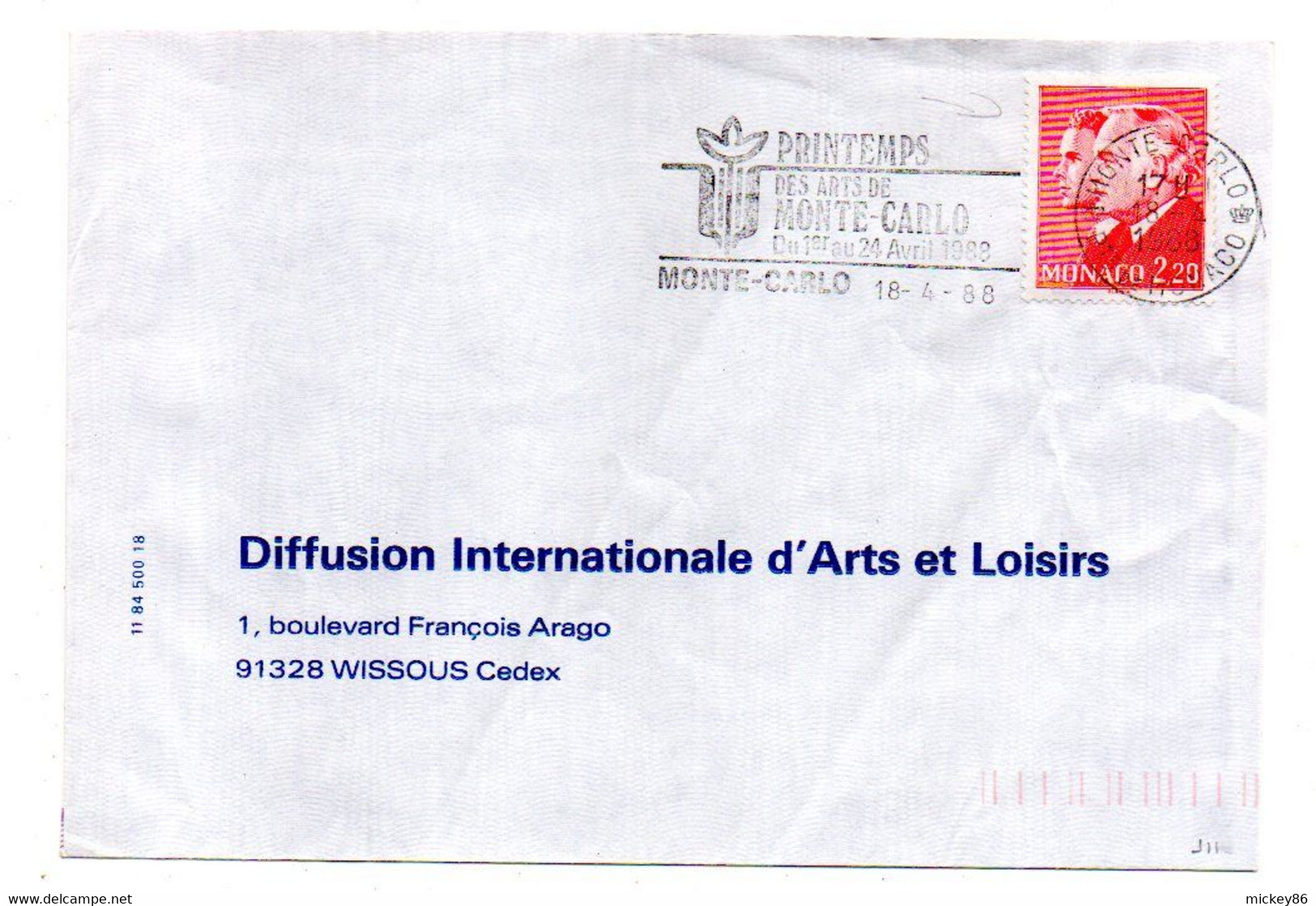 MONACO--1988--Lettre De Monte-Carlo Pour WISSOUS-91 (France)..timbre..cachet  Printemps Des Arts De Monte-Carlo - Brieven En Documenten