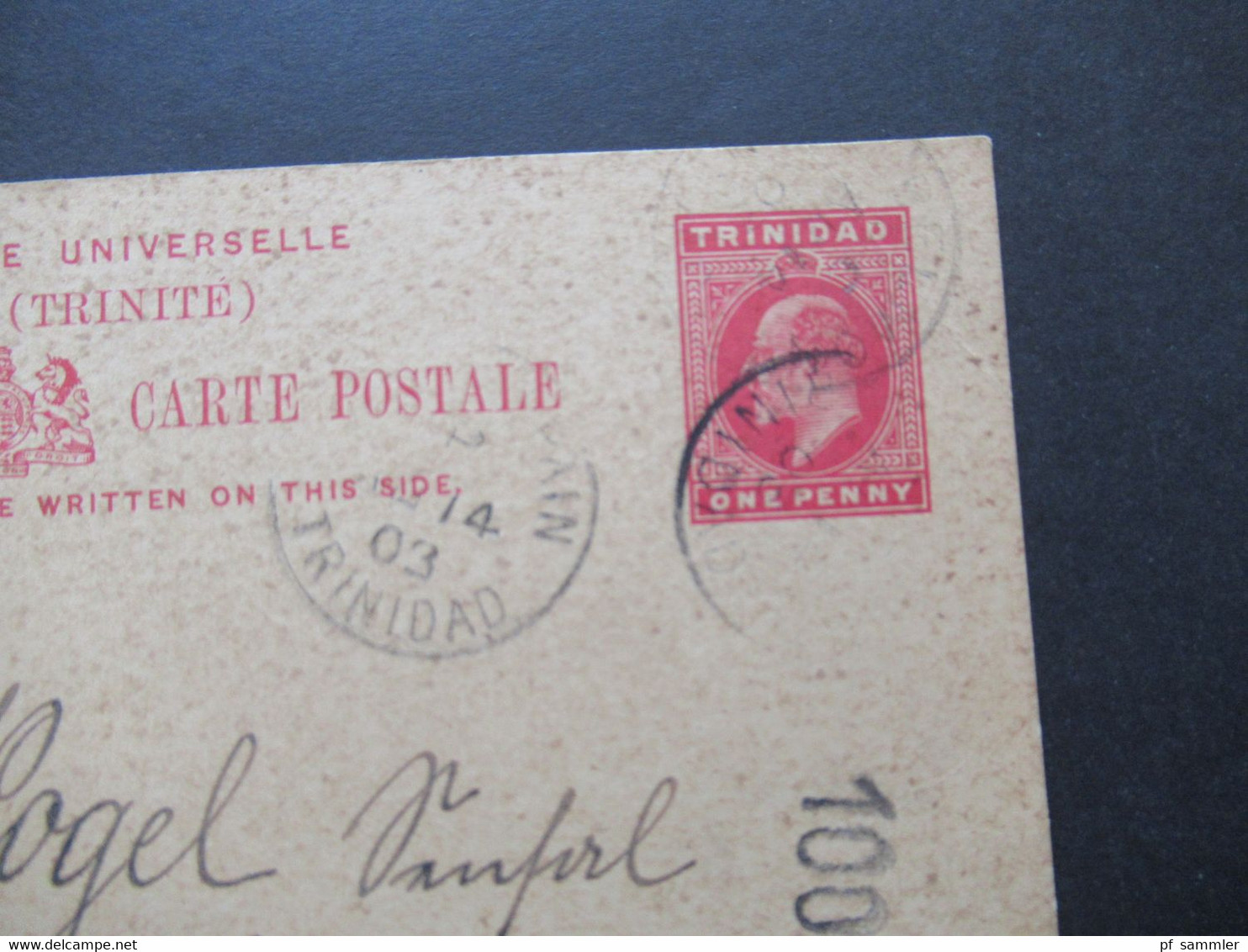 GB Kolonie Trinidad (Trinidad & Tobago) 1903 Auslands PK Stempel Port Of Spain - Stuttgart Mit Ank. Stempel U. Stp. 100 - Trindad & Tobago (...-1961)