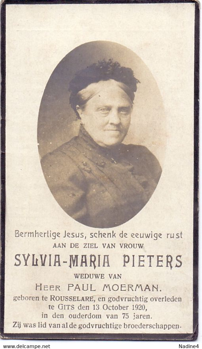 Devotie Devotion Doodsprentje Overlijden - Sylvia Pieters Wed. Paul Moerman - Roeselare 1845 - Gits 1920 - Décès
