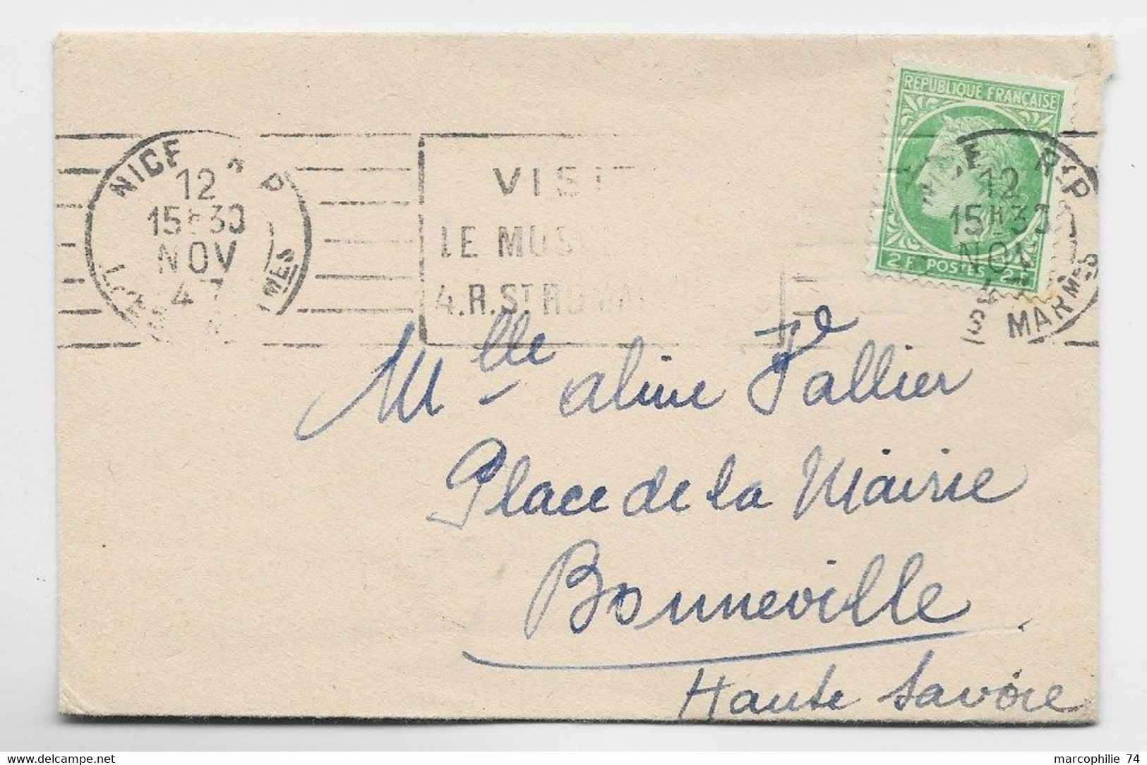 FRANCE MAZELIN 2FR VERT SEUL MIGNONNETTE NICE RP 12 NOV 1947 AU TARIF - 1945-47 Cérès De Mazelin