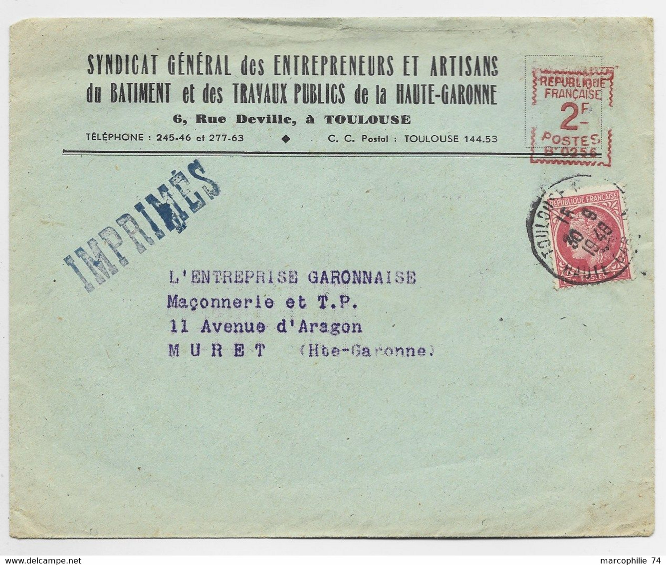 FRANCE MAZELIN 1FR MIXTE EMA 2FR B0256 TOULOUSE 30.9.1948 LETTRE TARIF IMPRIME PEU COMMUN - 1945-47 Ceres Of Mazelin