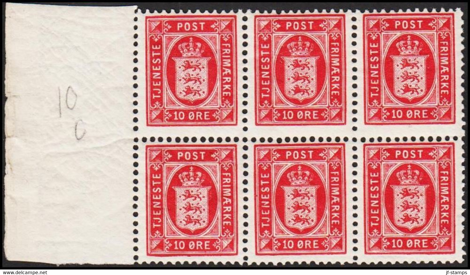 1902. DANMARK. Official. TJENESTE FRIMÆRKE 10 Øre Red. Perf. 12 3/4, 6-block Never Hinged.  (Michel D10A) - JF521324 - Oficiales