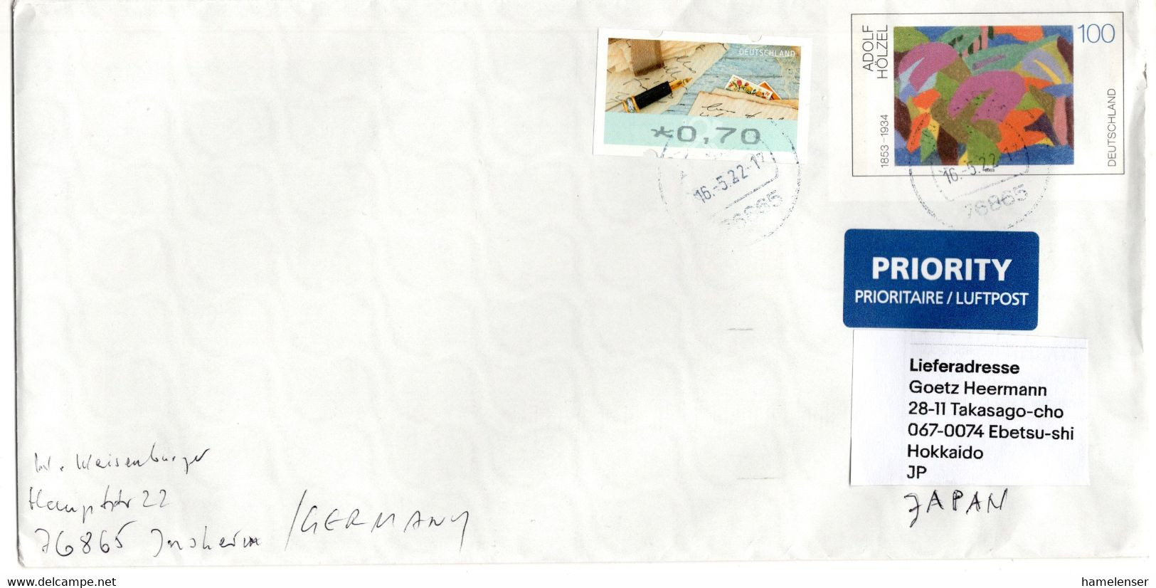 L59567 - Bund - 2022 - 100c Hoelzl PlusBf M ZusFrankatur INSHEIM -> Japan - Storia Postale