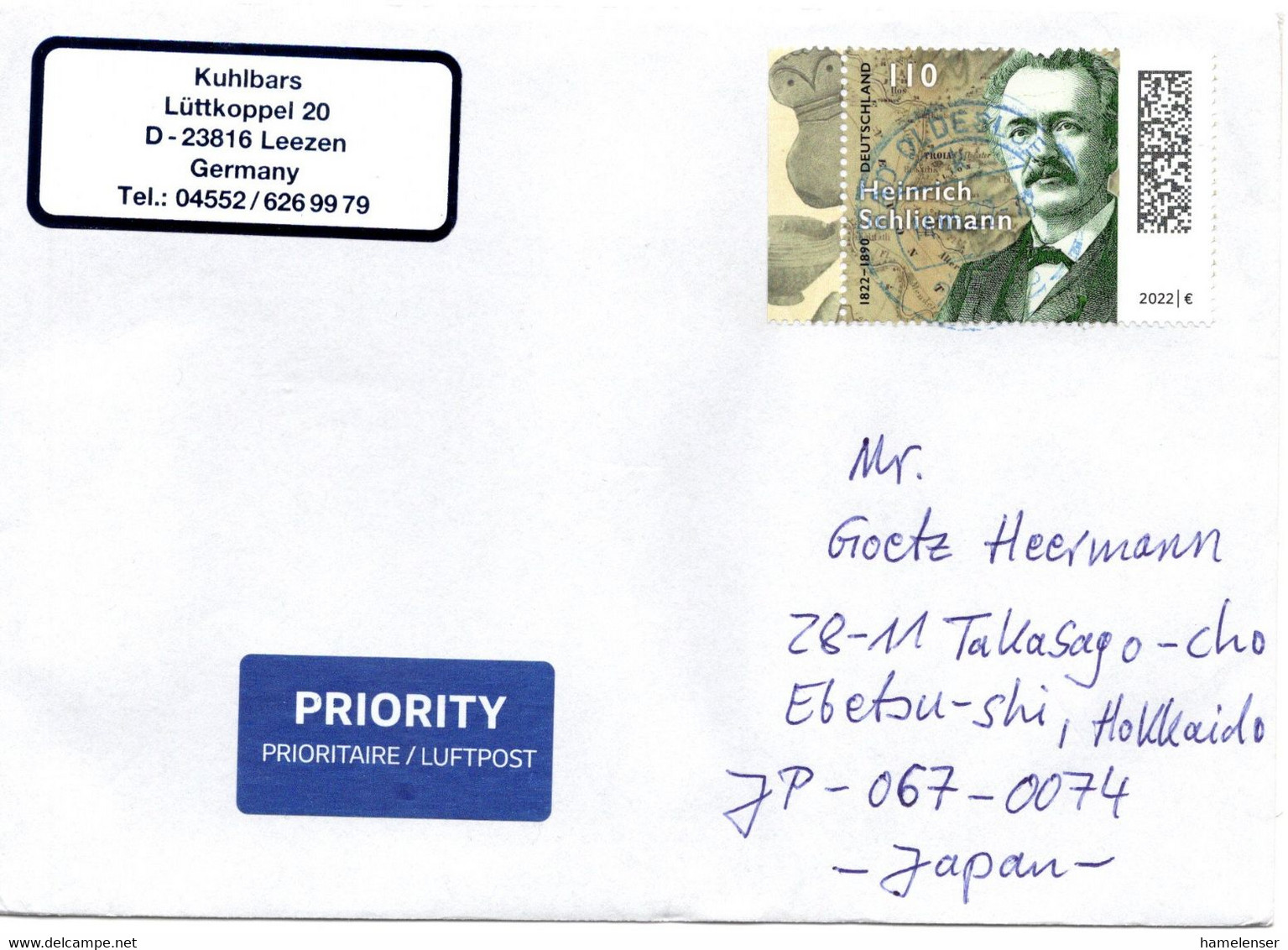 59568 - Bund - 2022 - 110c Schliemann EF A LpBf BAD OLDESLOE -> Japan - Covers & Documents