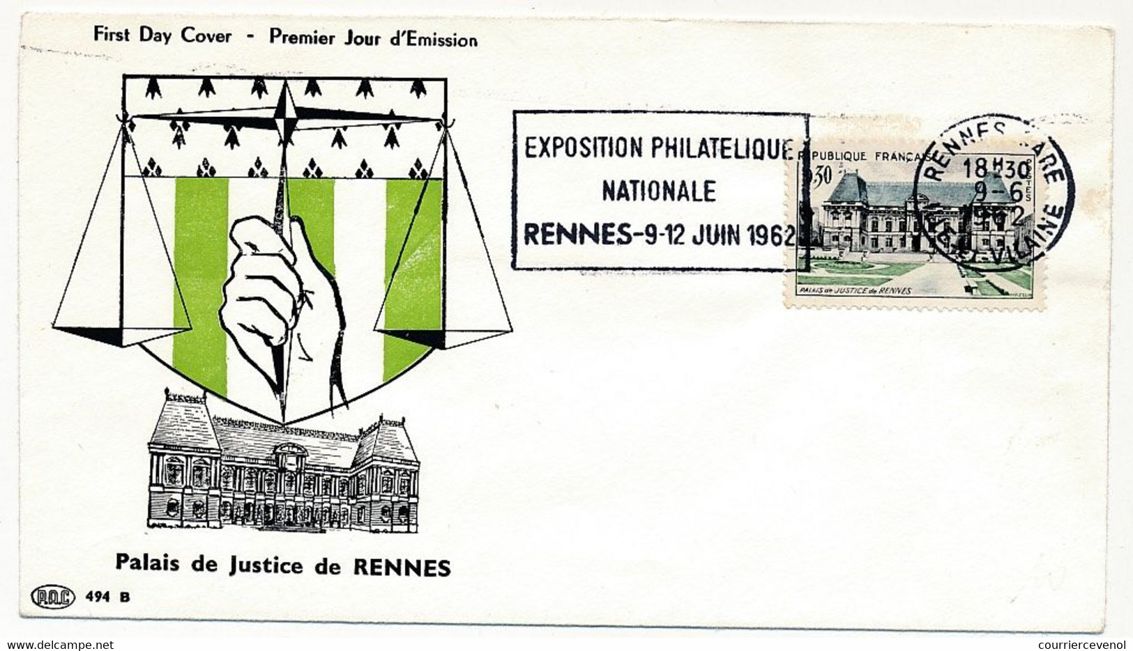 FRANCE - Env. FDC OMEC CONCORDANTE - 0,30 Palais De Justice Rennes - Expo Philatélique - 9/6/1962 RENNES - 1960-1969
