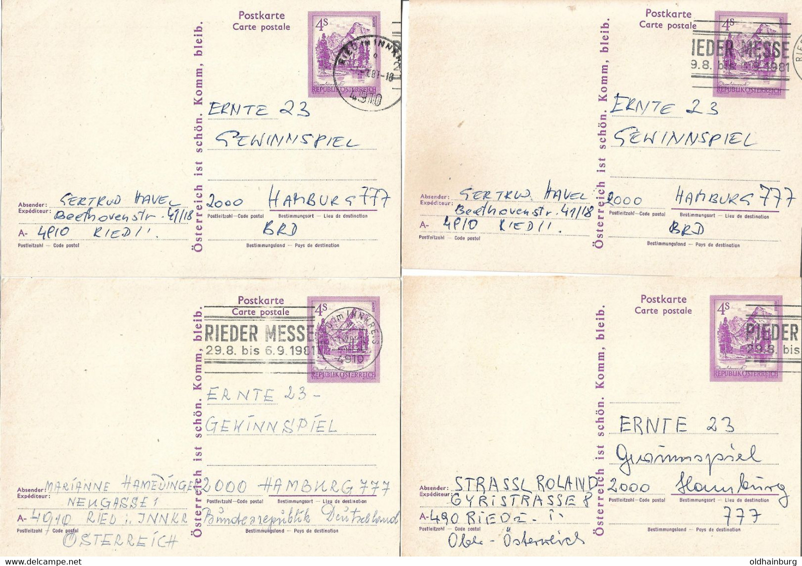 2074b: Österreich Vier Bedarfspost- Belege Postkarten Mit Stempel Ried Im Innkreis - Ried Im Innkreis