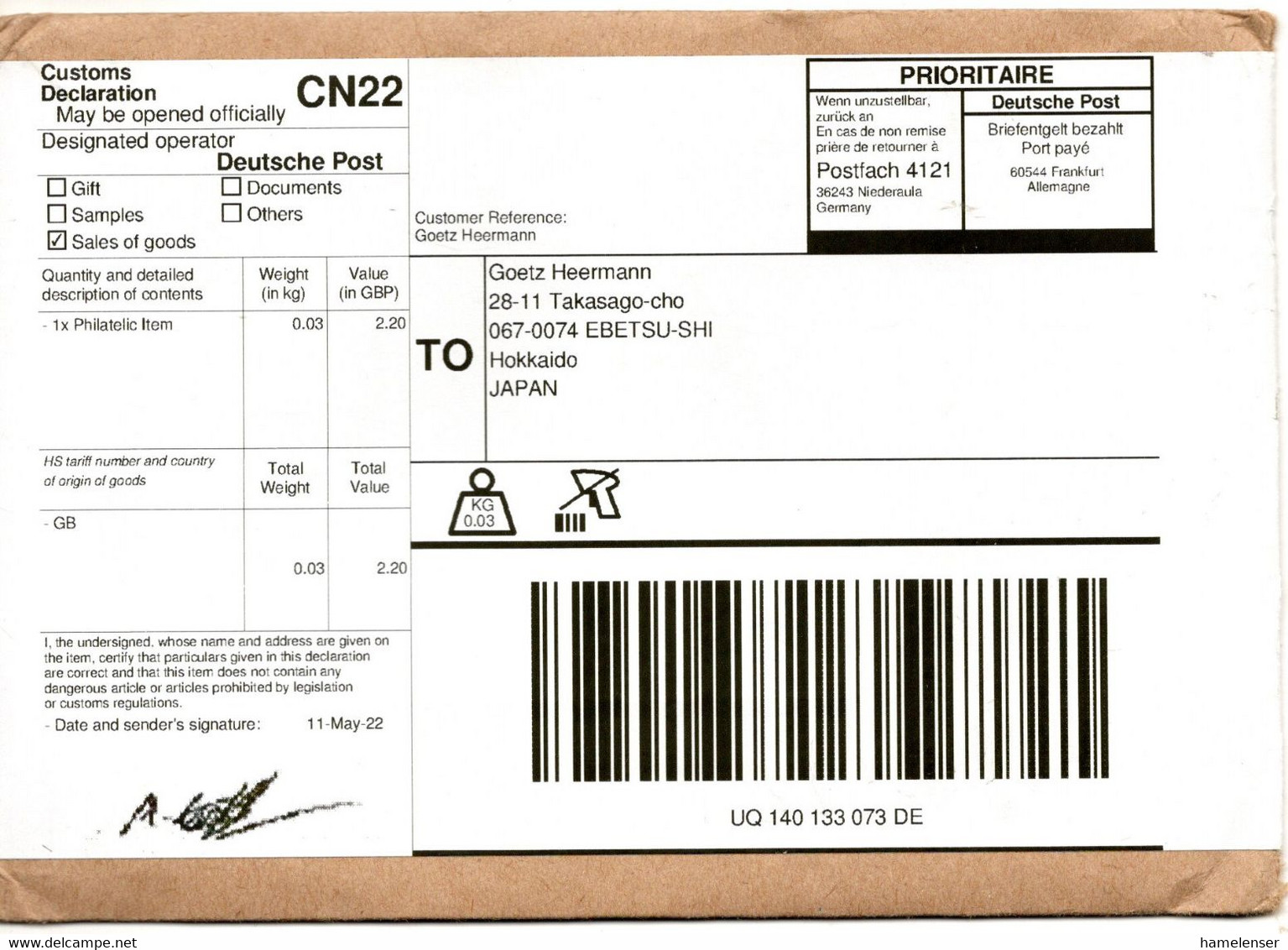 59571 - Bund - 2022 - "Port Paye"-WarenpostBf Frankfurt -> Japan - Briefe U. Dokumente