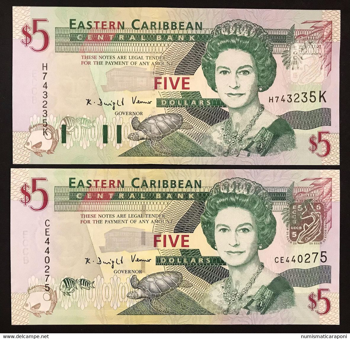 East Caribbean 2 X 5 DOLLARI 2003 + 2008 QEII Polimero UNC- LOTTO 3936 - Ostkaribik