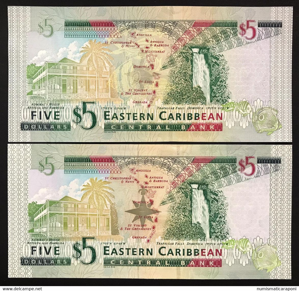 East Caribbean 2 X 5 DOLLARI 2003 + 2008 QEII Polimero UNC- LOTTO 3936 - Oostelijke Caraïben