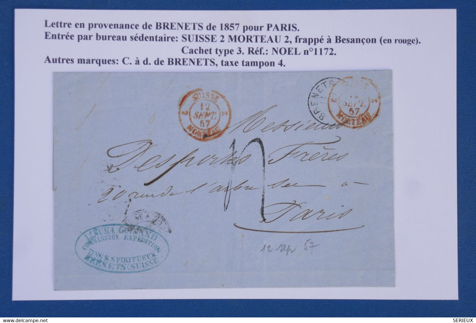 AW7  SUISSE  BELLE LETTRE 1 10 1857 PETIT BUREAU BRENETS POUR PARIS FRANCE ++++C. ROUGES +AFFRANCHIS. INTERESSANT. - ...-1845 Prefilatelia