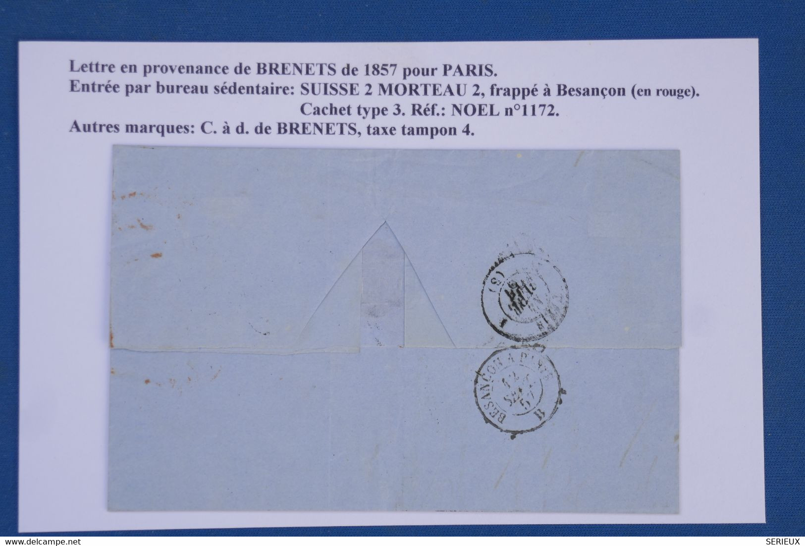 AW7  SUISSE  BELLE LETTRE 1 10 1857 PETIT BUREAU BRENETS POUR PARIS FRANCE ++++C. ROUGES +AFFRANCHIS. INTERESSANT. - ...-1845 Vorphilatelie