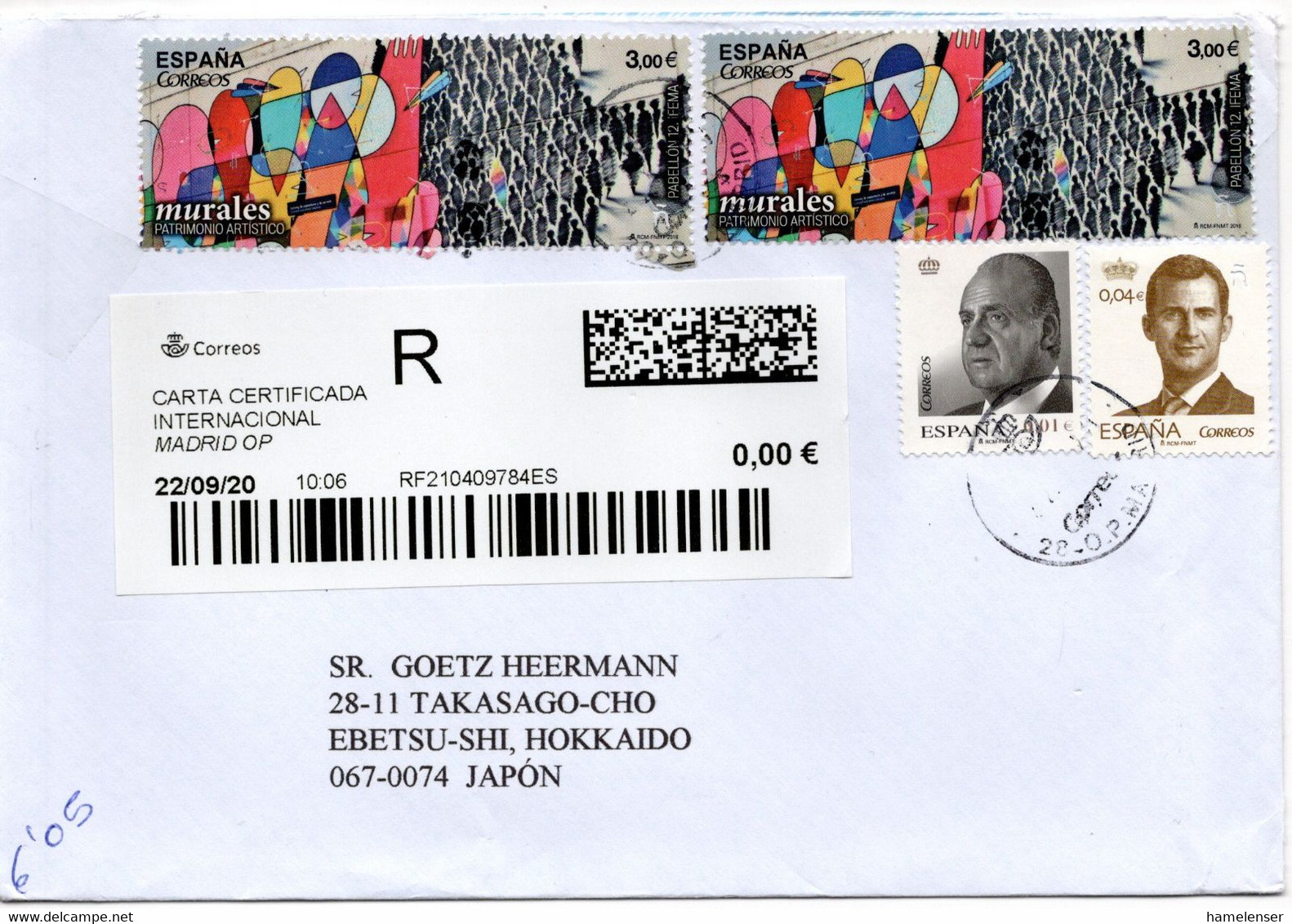 59577 - Spanien - 2020 - 2@€3.00 Murales MiF A R-Bf MADRID O.P. -> Japan - Lettres & Documents