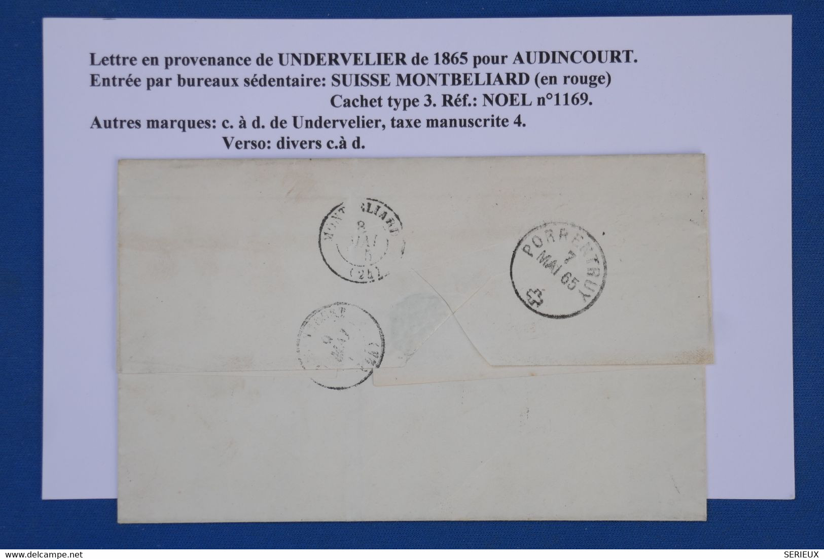 AW7  SUISSE  BELLE LETTRE 7 05 1855 PETIT BUREAU UNDERVILLIER A AUDINCOURT FRANCE ++++AFFRANCHIS. PLAISANT. - ...-1845 Préphilatélie